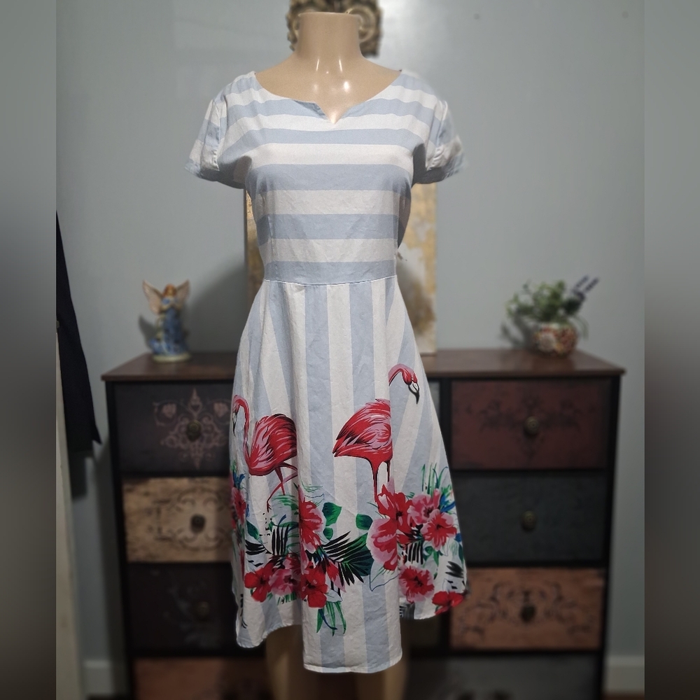 Striped White & Light Blue Dress with Pink Flamingo Print